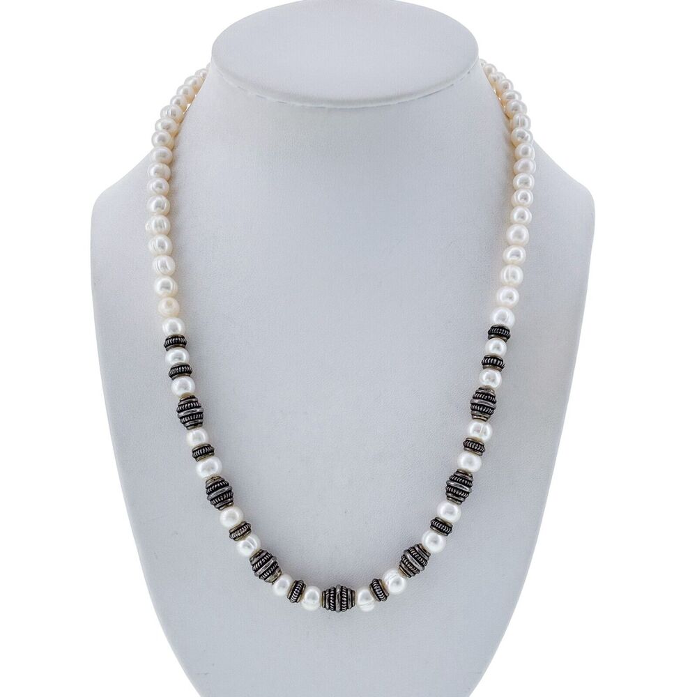 Vintage Silver Tone White Pearl Beaded Necklace 20"